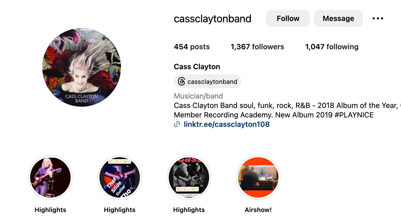 Cass Clayton Instagram channel landing page